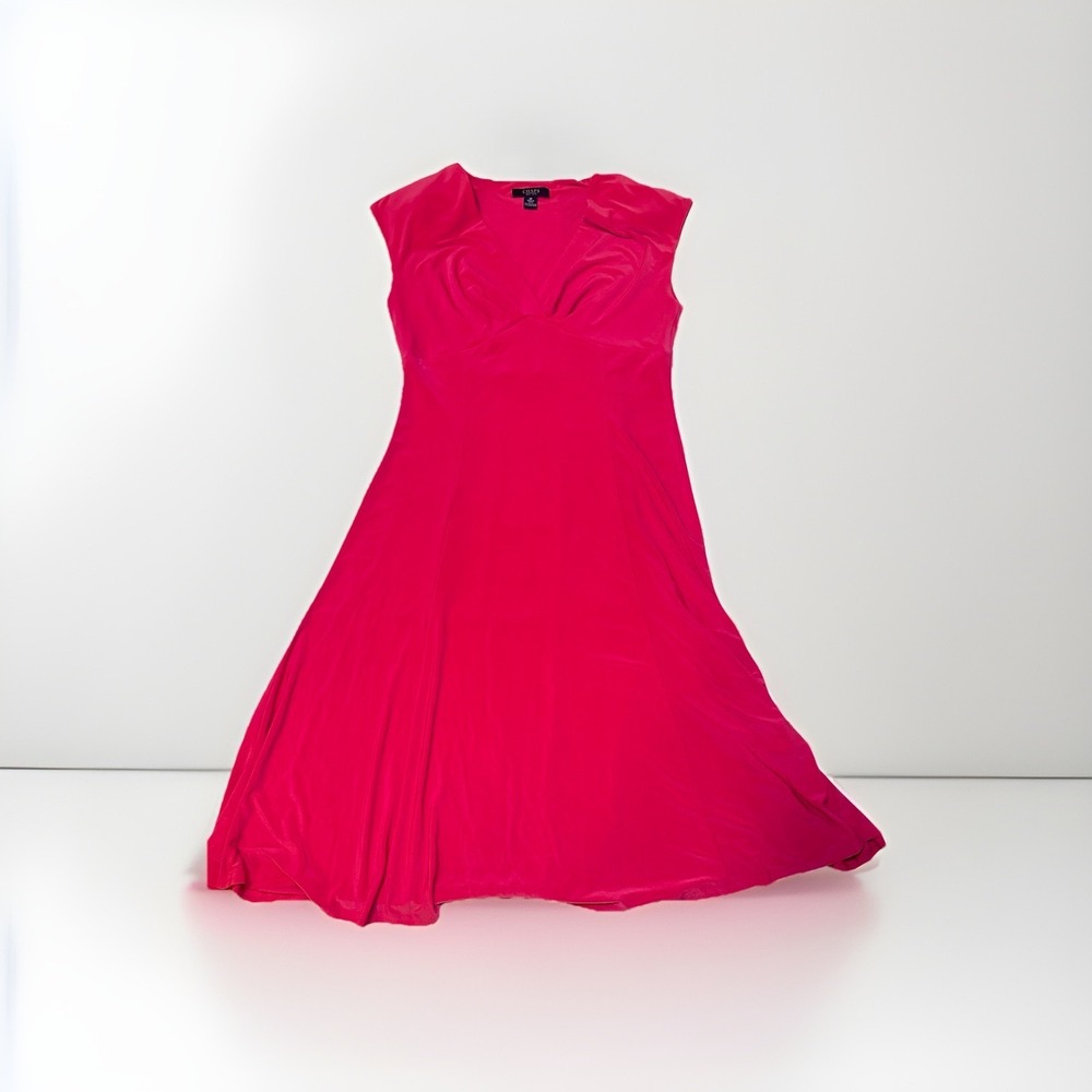 Chaps Pink Fit & Flare Dress Womens Medium V Neck Stretch Career Barbiecore